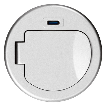 Trano Einbau Steckdose Ø6cm mit Abdeckung, 1x Schuko 3680W + USB-C PD 20W, 1,9m Kabel, Silber/Schwarz, IP20