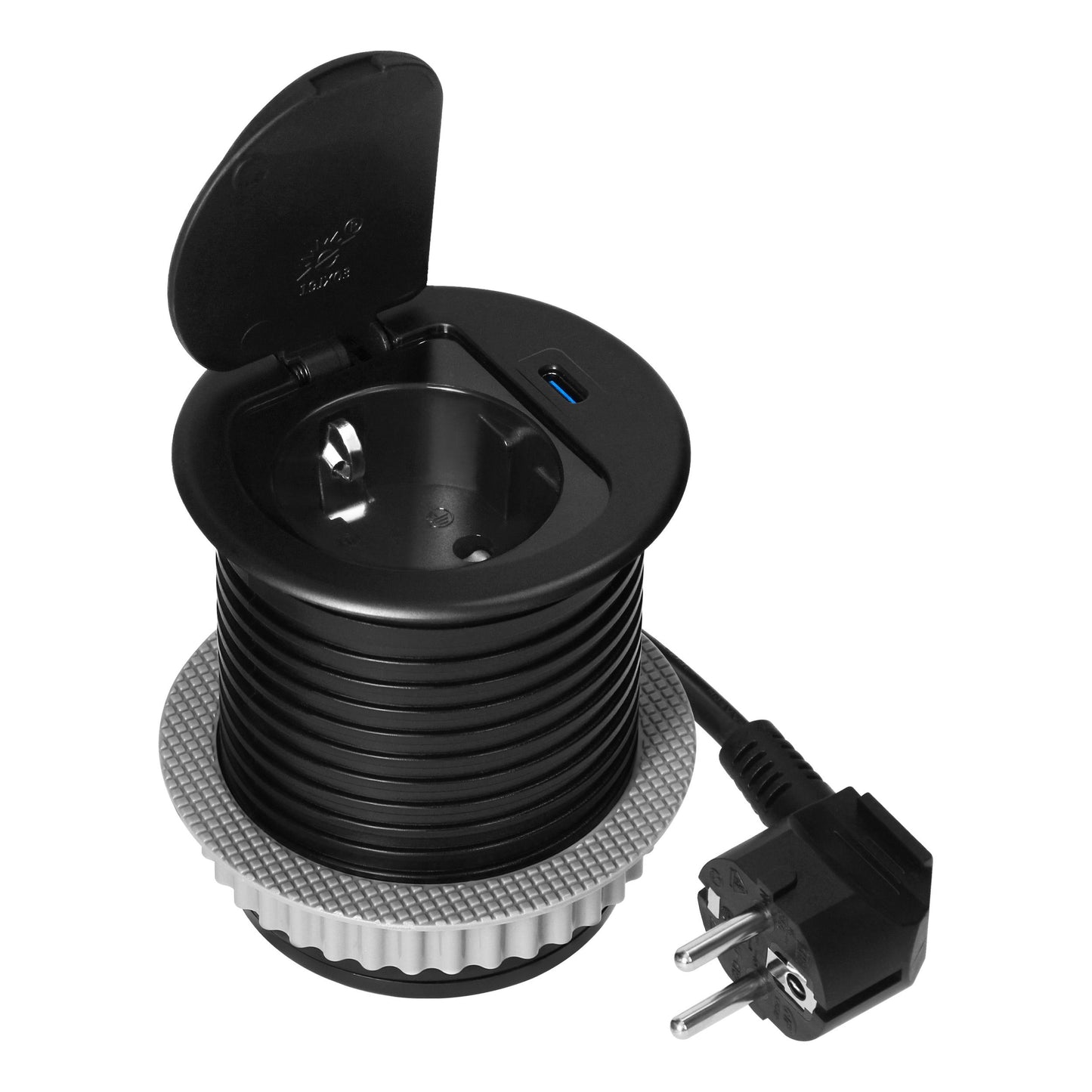 Trano Einbau Steckdose Ø6cm mit Abdeckung, 1x Schuko 3680W + USB-C PD 20W, 1,9m Kabel, Silber/Schwarz, IP20