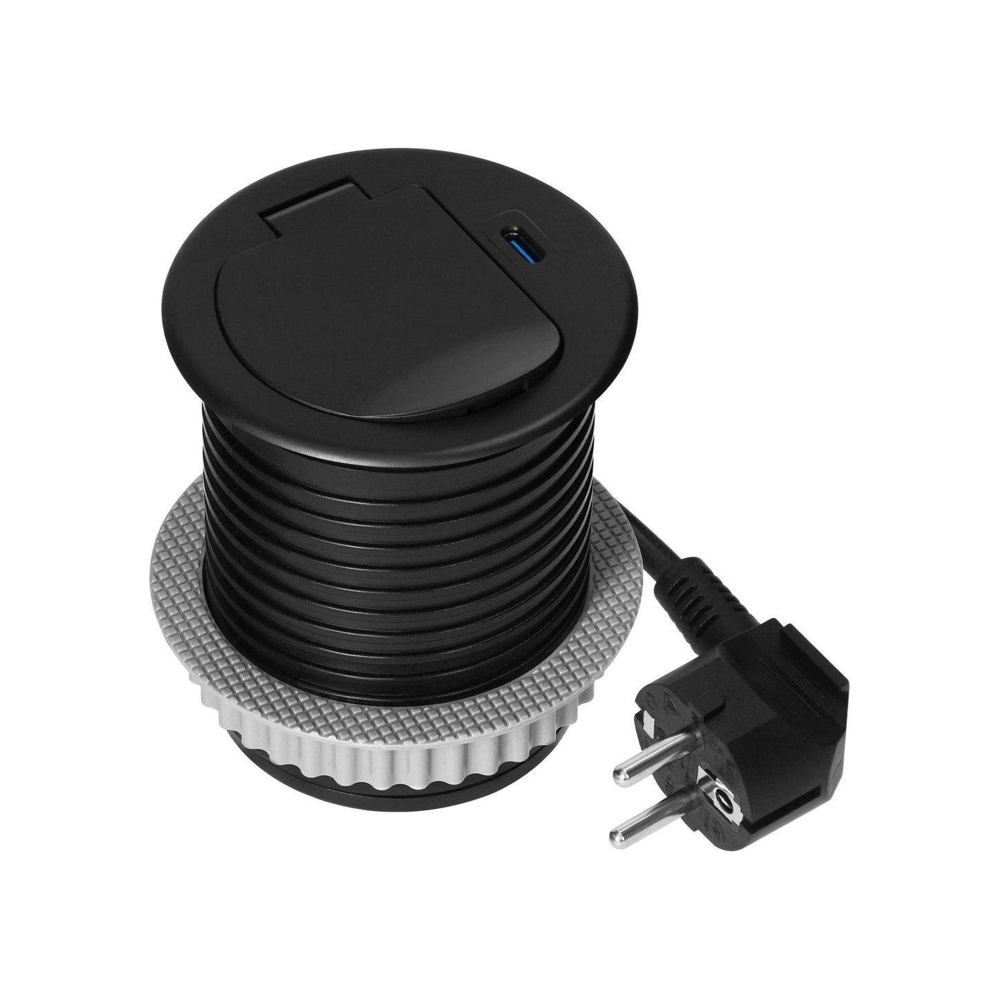 Trano Einbau Steckdose Ø6cm mit Abdeckung, 1x Schuko 3680W + USB-C PD 20W, 1,9m Kabel, Silber/Schwarz, IP20
