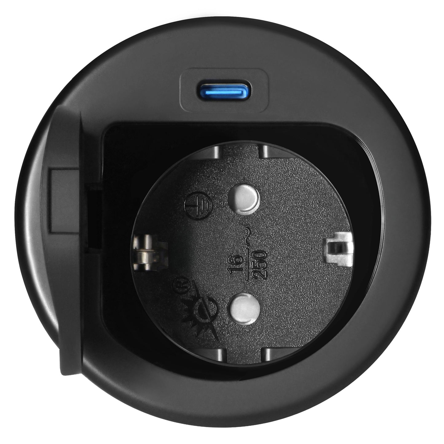 Trano Einbau Steckdose Ø6cm mit Abdeckung, 1x Schuko 3680W + USB-C PD 20W, 1,9m Kabel, Silber/Schwarz, IP20