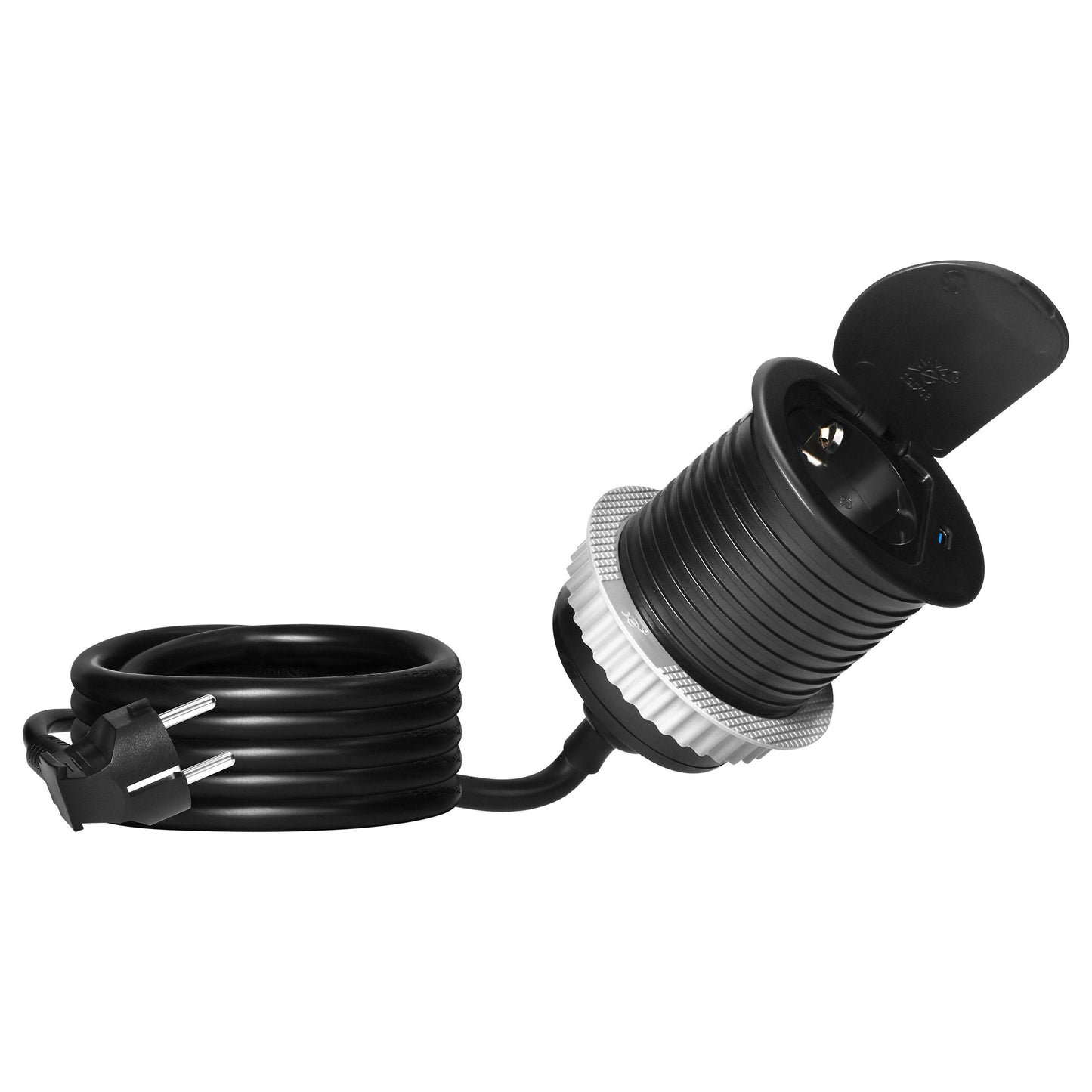 Trano Einbau Steckdose Ø6cm mit Abdeckung, 1x Schuko 3680W + USB-C PD 20W, 1,9m Kabel, Silber/Schwarz, IP20