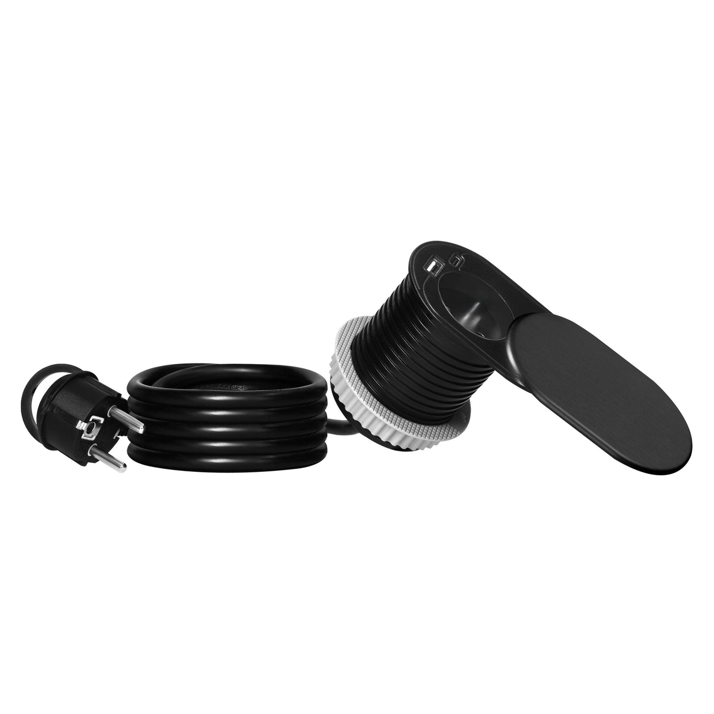 Trano Einbau Steckdose Ø60mm mit Schuko 3680W + USB-A & USB-C PD20W, 1,9m Kabel, Silber/Schwarz/Weiß, IP20