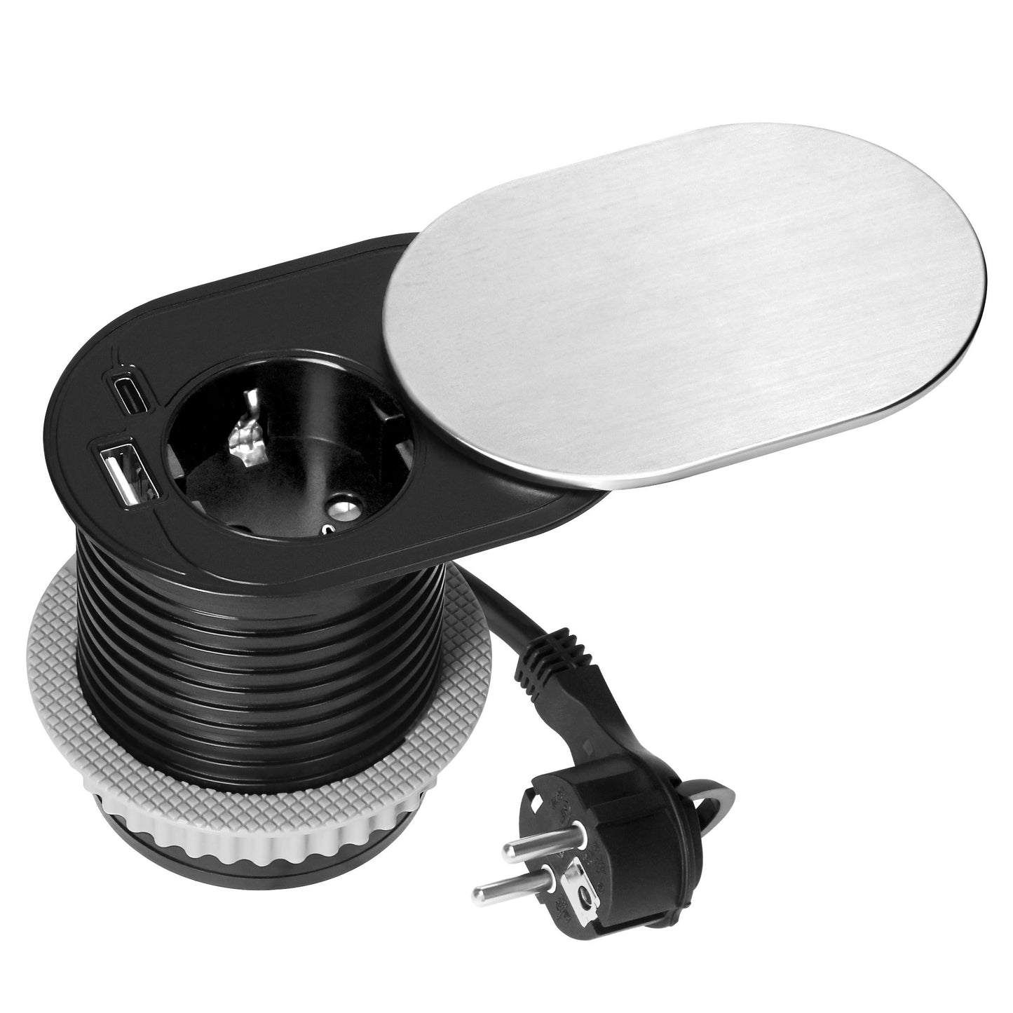 Trano Einbau Steckdose Ø60mm mit Schuko 3680W + USB-A & USB-C PD20W, 1,9m Kabel, Silber/Schwarz/Weiß, IP20