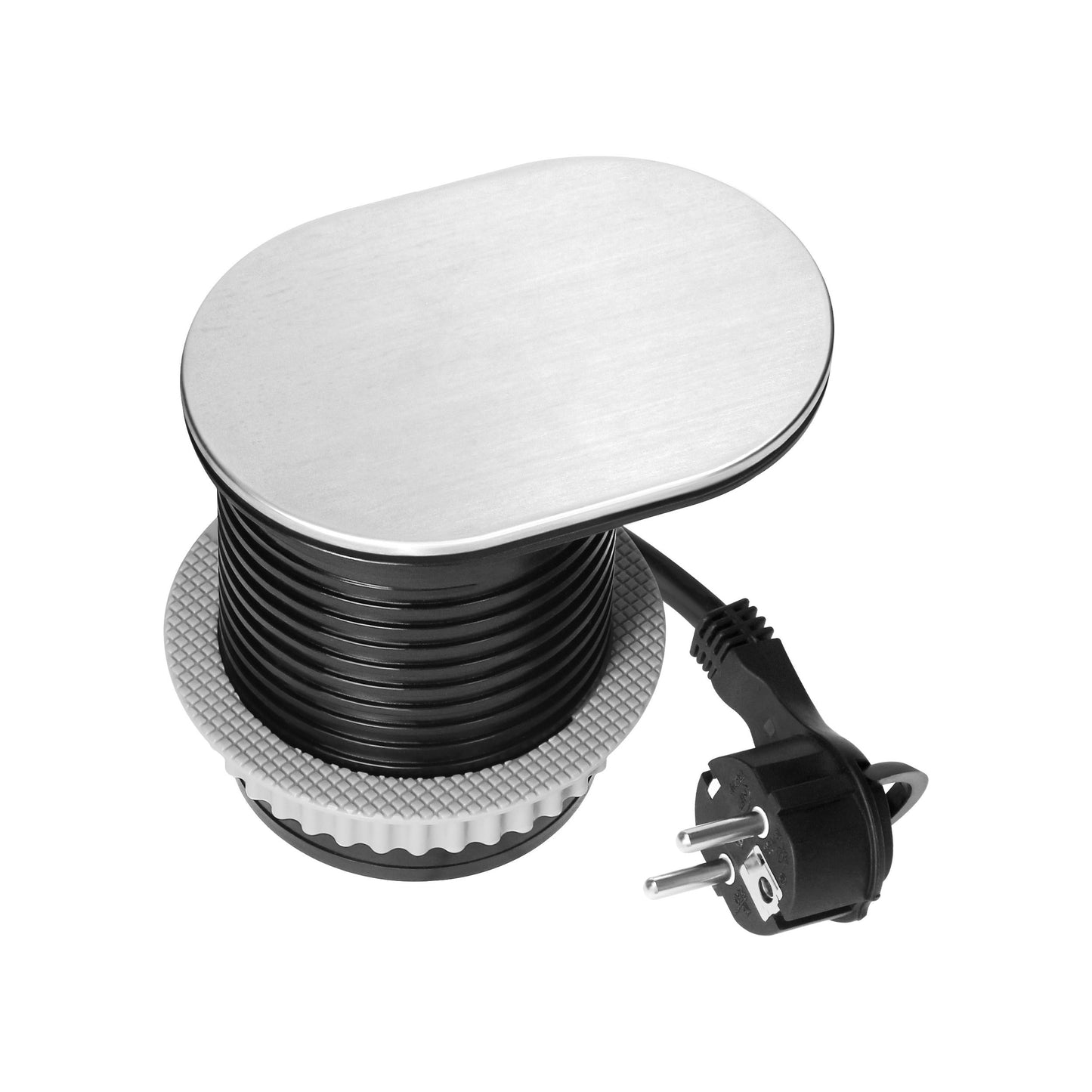 Trano Einbau Steckdose Ø60mm mit Schuko 3680W + USB-A & USB-C PD20W, 1,9m Kabel, Silber/Schwarz/Weiß, IP20