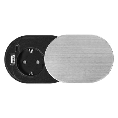 Trano Einbau Steckdose Ø60mm mit Schuko 3680W + USB-A & USB-C PD20W, 1,9m Kabel, Silber/Schwarz/Weiß, IP20