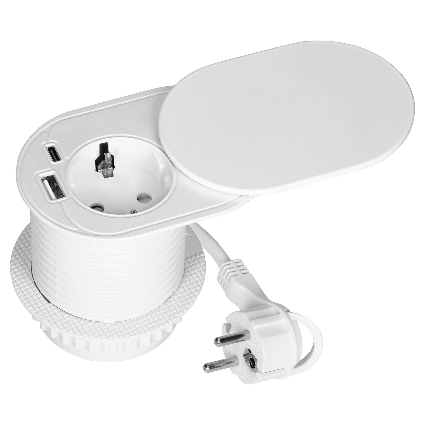 Trano Einbau Steckdose Ø60mm mit Schuko 3680W + USB-A & USB-C PD20W, 1,9m Kabel, Silber/Schwarz/Weiß, IP20