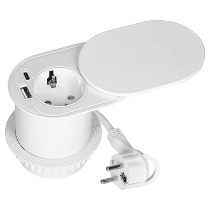 Trano Einbau Steckdose Ø60mm mit Schuko 3680W + USB-A & USB-C PD20W, 1,9m Kabel, Silber/Schwarz/Weiß, IP20