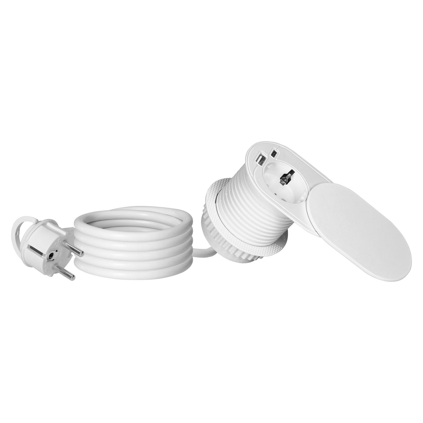 Trano Einbau Steckdose Ø60mm mit Schuko 3680W + USB-A & USB-C PD20W, 1,9m Kabel, Silber/Schwarz/Weiß, IP20