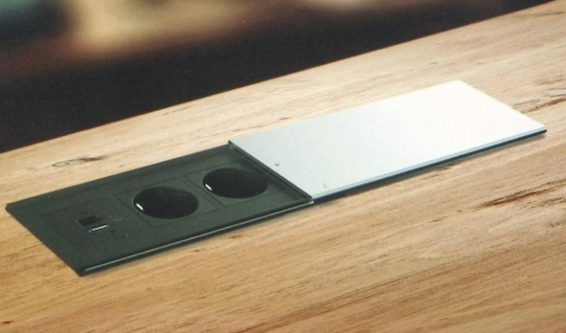 Trano Einbausteckdose mit Schiebedeckel, 2x Schuko 3680W, 2x USB-A+C 5V/4,2A, 1,8m Kabel, Aluminium Silber, 190x86mm