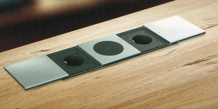 Trano Einbau-Möbelsteckdose mit Schiebedeckel 2x Schuko 3680W, 1,8m Kabel, Qi 15W Wireless Charger, Aluminium Silber, Einbau 258x86mm