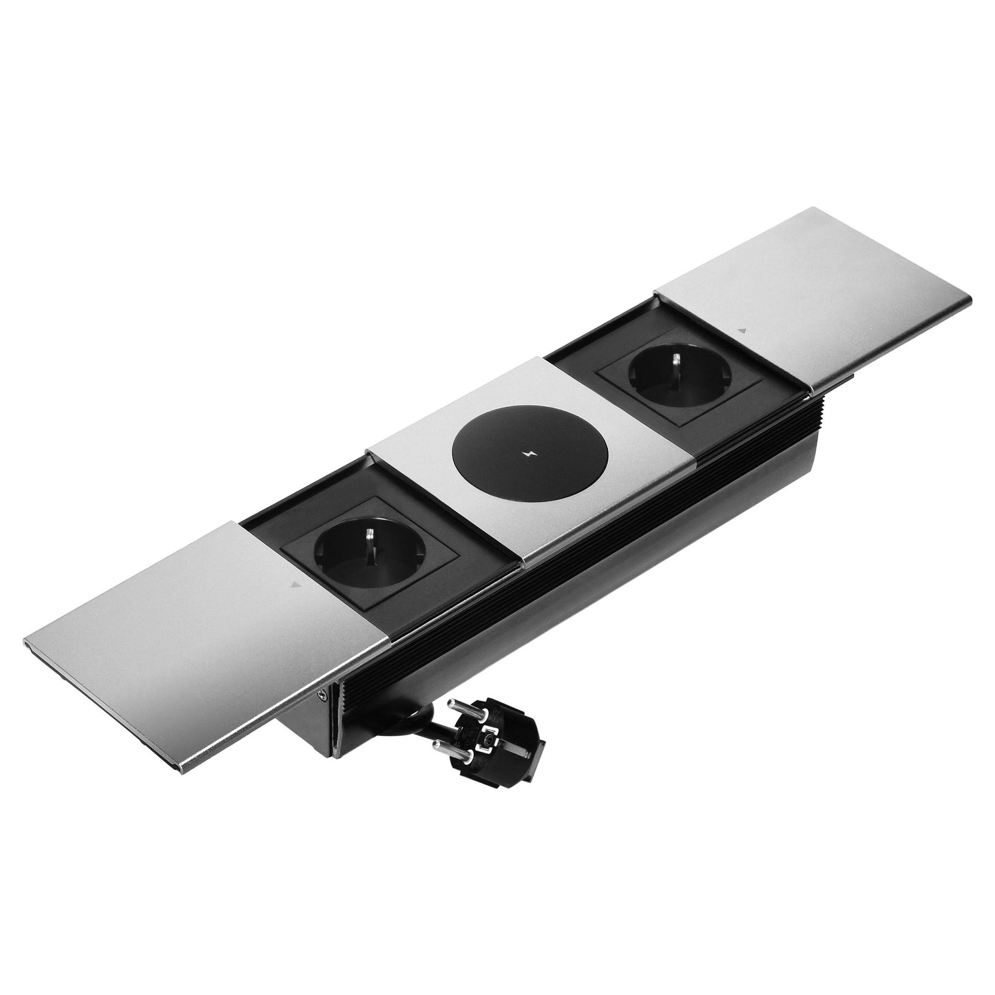 Trano Einbau-Möbelsteckdose mit Schiebedeckel 2x Schuko 3680W, 1,8m Kabel, Qi 15W Wireless Charger, Aluminium Silber, Einbau 258x86mm