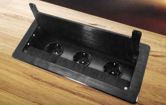 Trano Einbausteckdose 3x Schuko Typ F, flacher Rand 2mm, Anti-Staub-Bürste, 1,5m Kabel, 3680W, IP20, schwarz 265x130mm