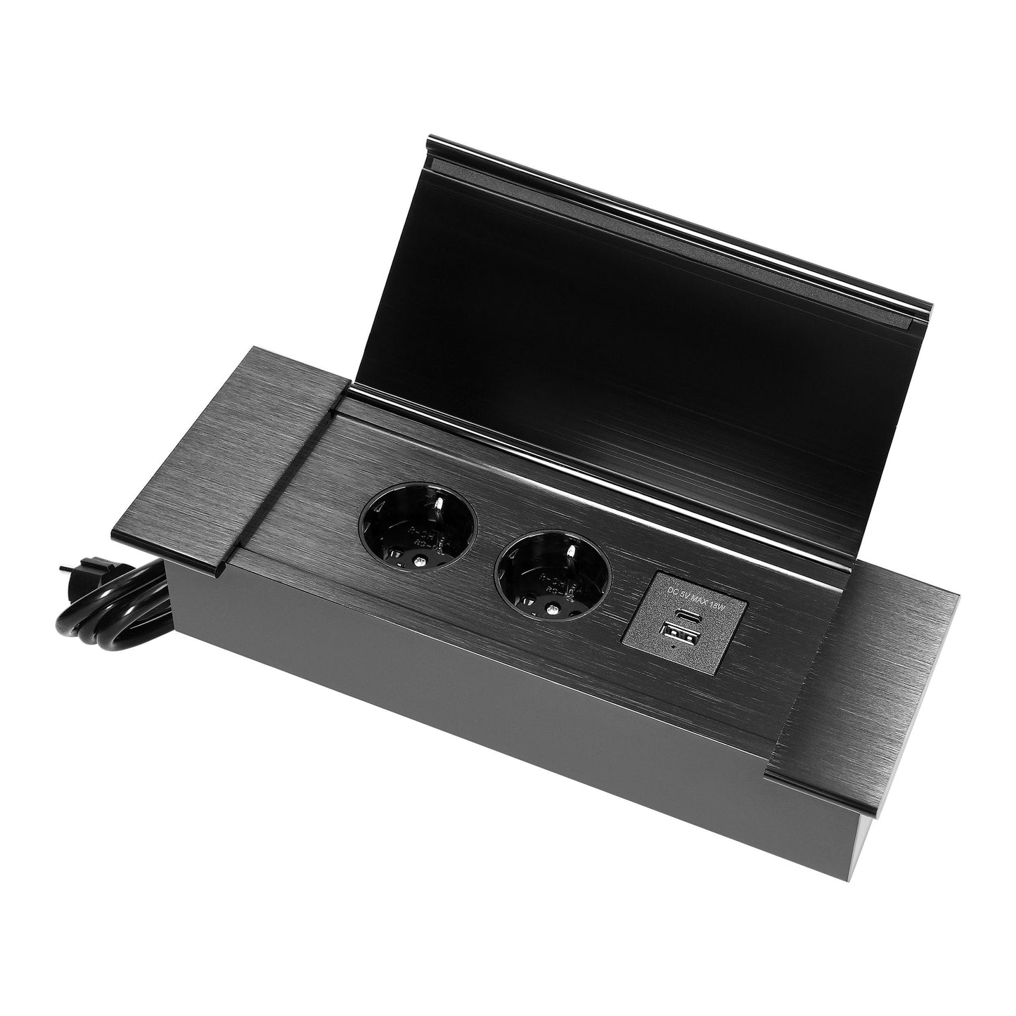 Trano Einbau Steckdose Schuko 2x mit USB A+C 3,6A, 230V, 3680W, 1,5m Kabel, Aluminium/Schwarz, flacher Rand, klappbarer Deckel