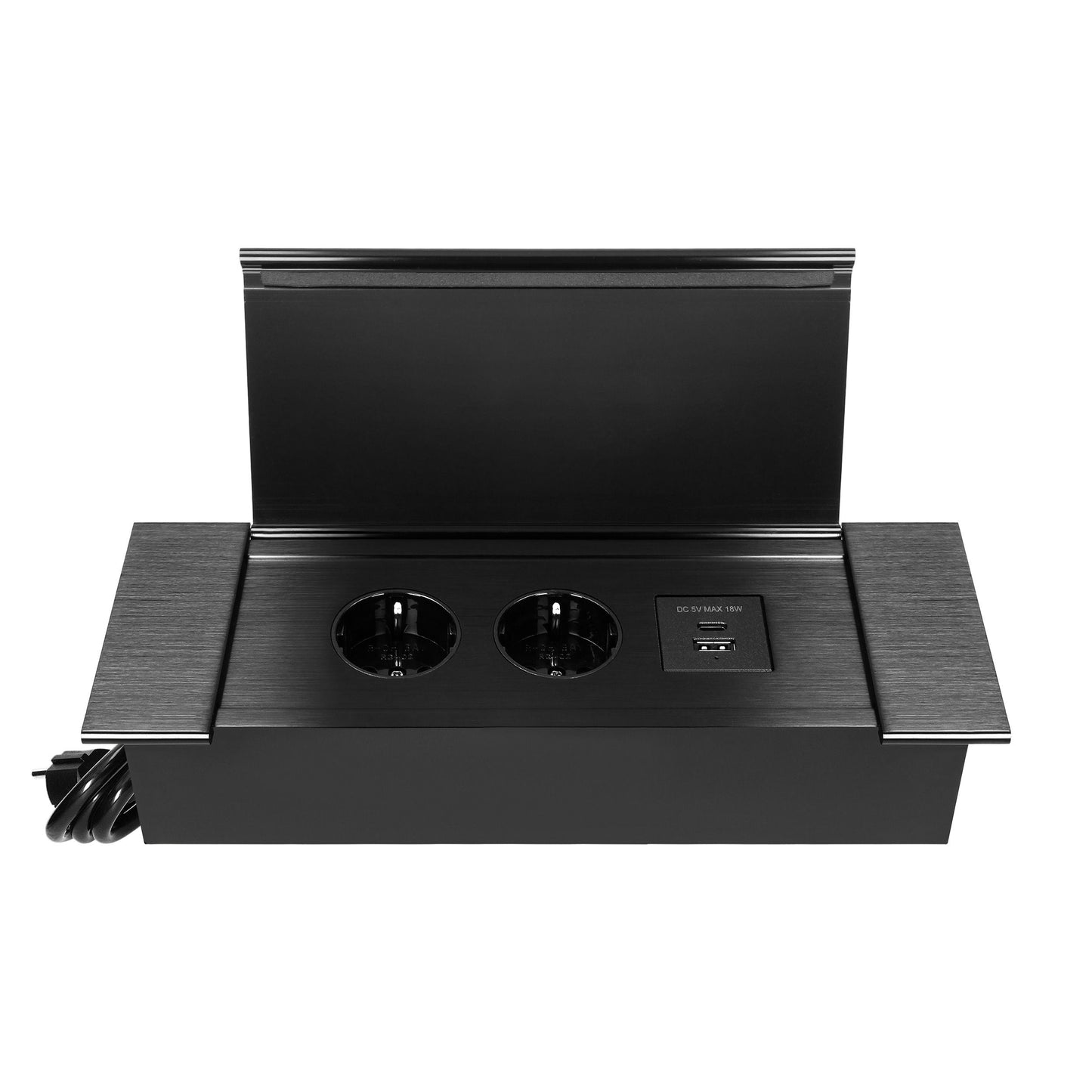 Trano Einbau Steckdose Schuko 2x mit USB A+C 3,6A, 230V, 3680W, 1,5m Kabel, Aluminium/Schwarz, flacher Rand, klappbarer Deckel