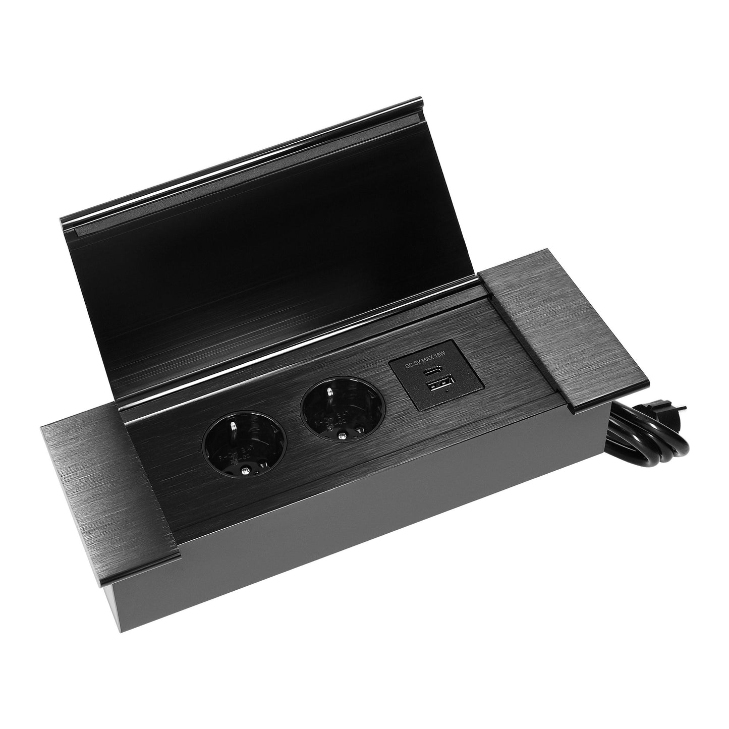 Trano Einbau Steckdose Schuko 2x mit USB A+C 3,6A, 230V, 3680W, 1,5m Kabel, Aluminium/Schwarz, flacher Rand, klappbarer Deckel