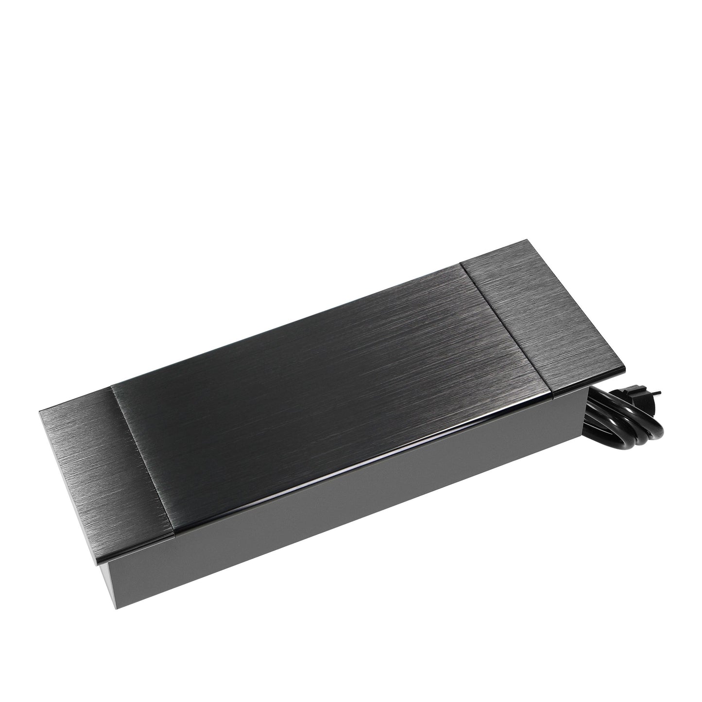 Trano Einbau Steckdose Schuko 2x mit USB A+C 3,6A, 230V, 3680W, 1,5m Kabel, Aluminium/Schwarz, flacher Rand, klappbarer Deckel