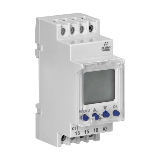 Trano DIN-Schienen-Zeitschaltuhr digital, 100 Programme, 16A/230V, 24–264V AC/DC, astronomisch, 3 Sprachen, 2 Module, IP20