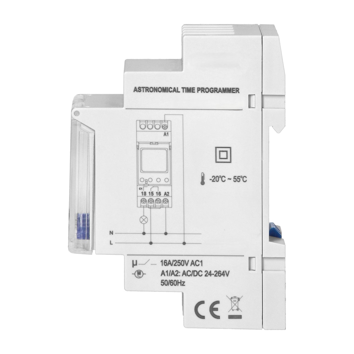Trano DIN-Schienen-Zeitschaltuhr digital, 100 Programme, 16A/230V, 24–264V AC/DC, astronomisch, 3 Sprachen, 2 Module, IP20