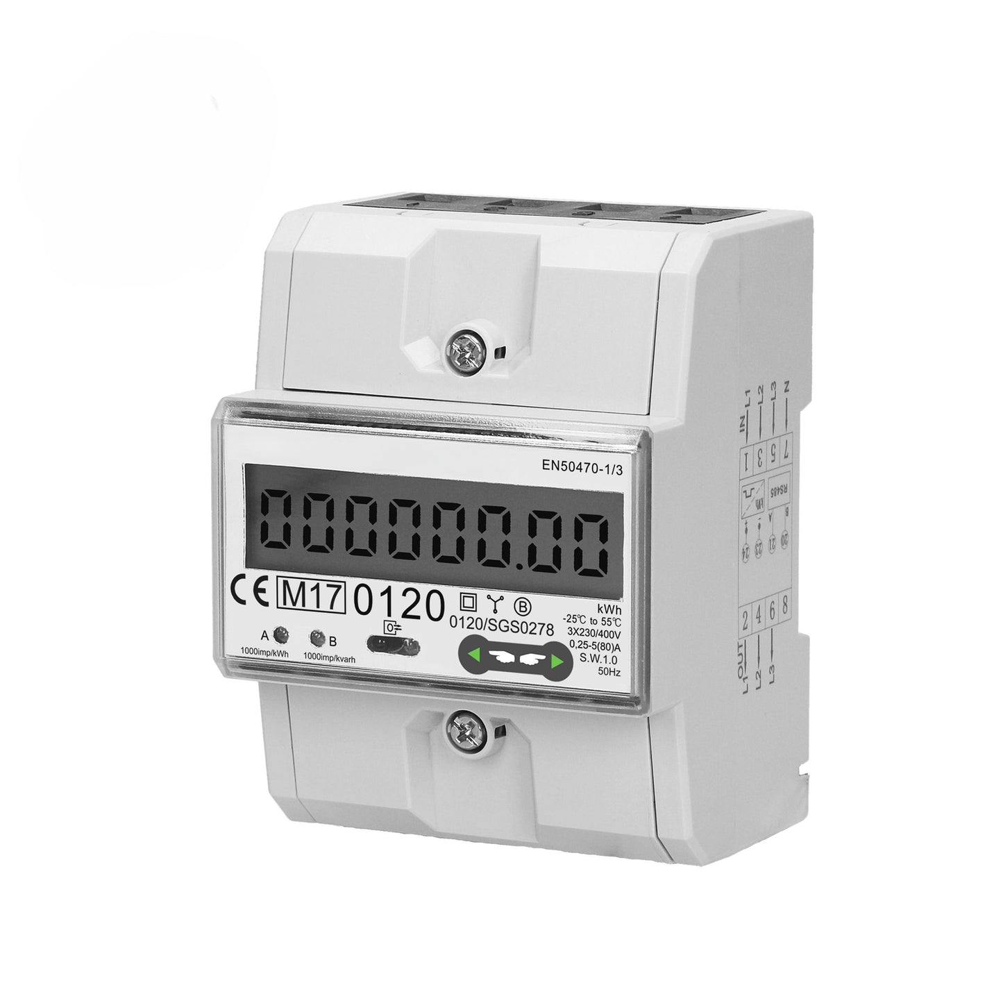 Trano 3-Phasen Energiezähler RS-485 Modbus | 80A MID zertifiziert | 4,5 Module DIN TH-35mm | LCD 6+2 | IP51 | 1000 imp/kWh
