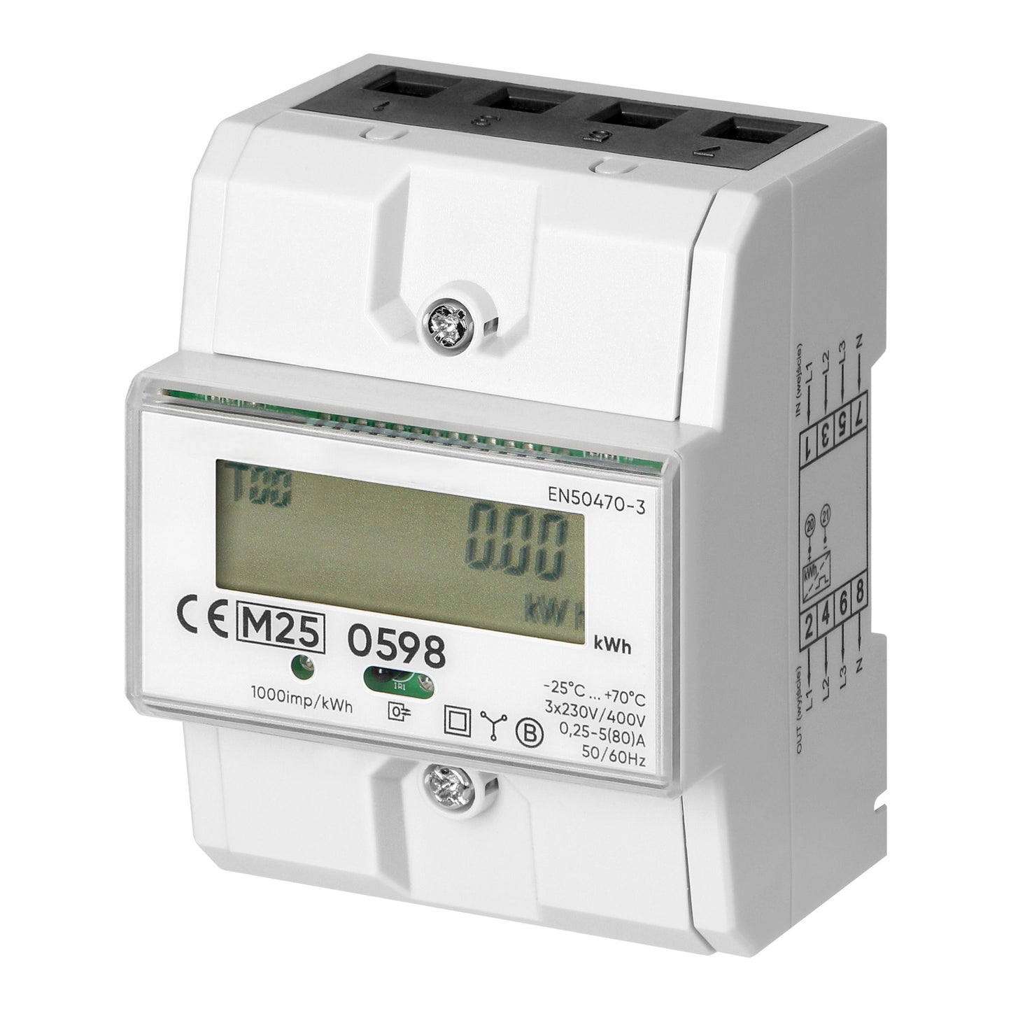 Trano 3-Phasen Energiezähler MID 80A | LCD 6+2 | DIN-Schiene 4,3 Module | 3x230/400V AC | IR-Schnittstelle | S0 Impuls | IP51 | EN 50470-3