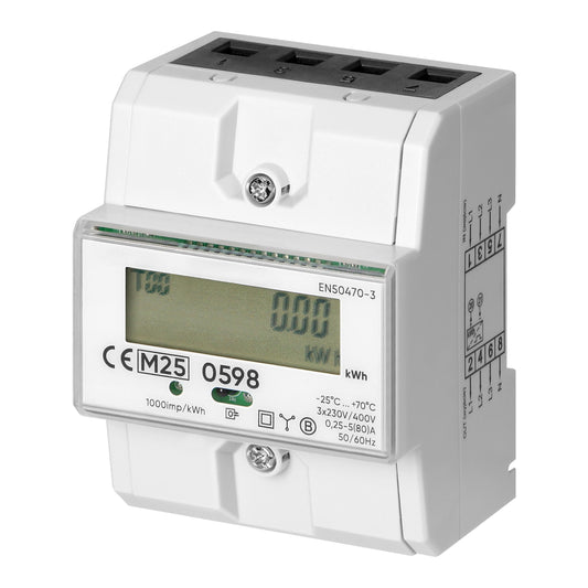 Trano 3-Phasen Energiezähler MID 80A | LCD 6+2 | DIN-Schiene 4,3 Module | 3x230/400V AC | IR-Schnittstelle | S0 Impuls | IP51 | EN 50470-3