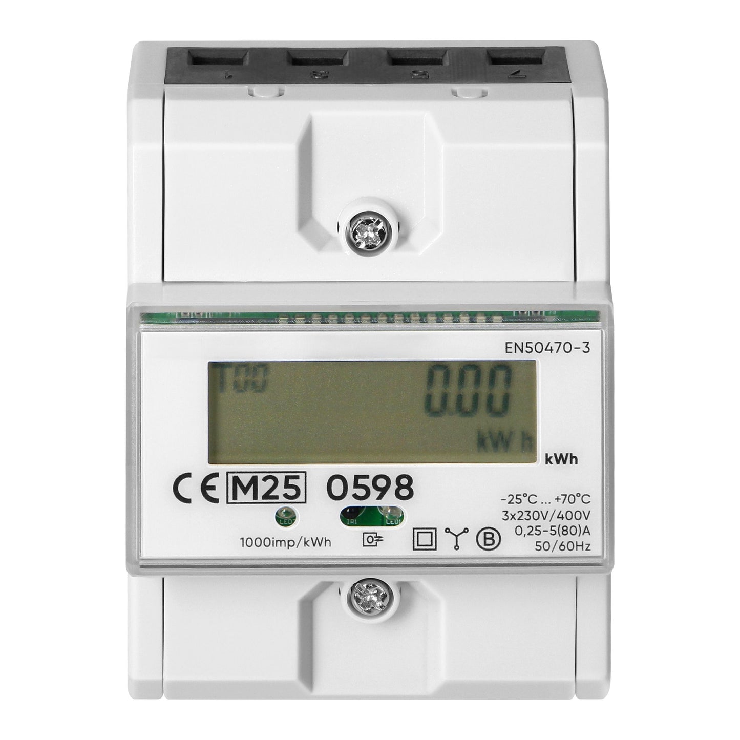 Trano 3-Phasen Energiezähler MID 80A | LCD 6+2 | DIN-Schiene 4,3 Module | 3x230/400V AC | IR-Schnittstelle | S0 Impuls | IP51 | EN 50470-3
