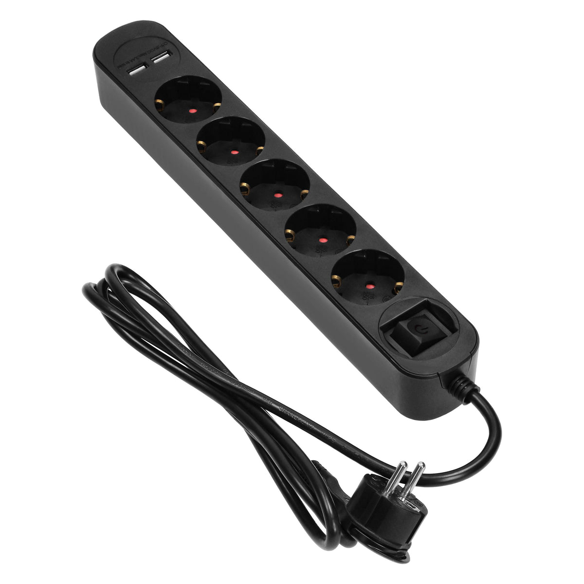 Steckdosenleiste 5-fach, 2 USB-Ladegeräte, 1,5m Kabel, Schwarz