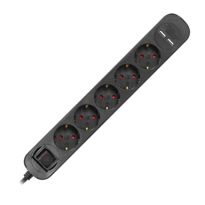 Steckdosenleiste 5-fach, 2 USB-Ladegeräte, 1,5m Kabel, Schwarz