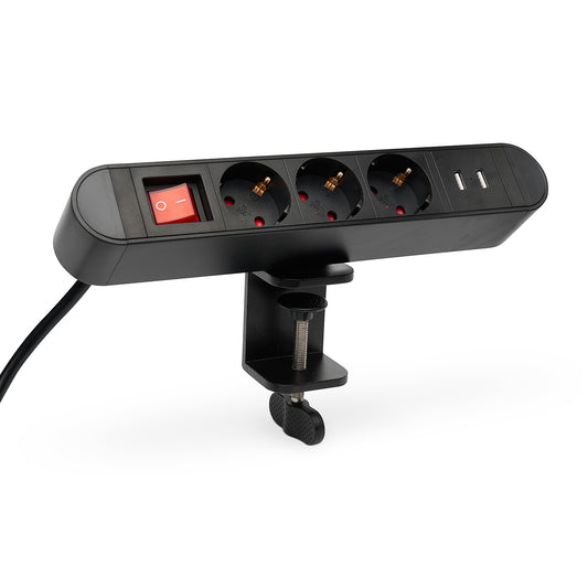 Tisch-Steckdose schwarz 3-fach 2x USB Schalter Mehrfachsteckdose Büro 2m Kabel