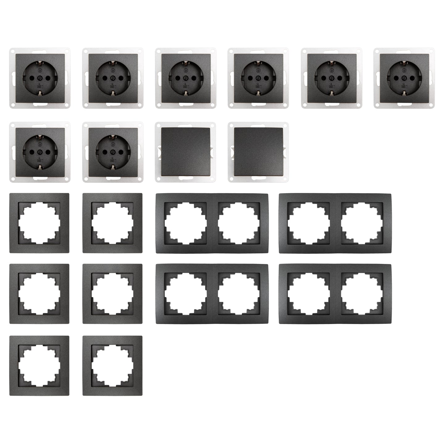 Trano Schalter und Steckdosen Set Flair "Standard" 20-teilig Anthrazit - Unterputz, Steckdosen, Wechselschalter, Rahmen 1-fach & 2-fach, Schalterprogramm Design