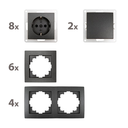 Trano Schalter und Steckdosen Set Flair "Standard" 20-teilig Anthrazit - Unterputz, Steckdosen, Wechselschalter, Rahmen 1-fach & 2-fach, Schalterprogramm Design