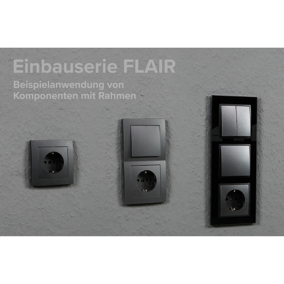 Trano Schalter und Steckdosen Set Flair "Standard" 20-teilig Anthrazit - Unterputz, Steckdosen, Wechselschalter, Rahmen 1-fach & 2-fach, Schalterprogramm Design