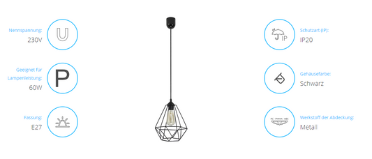 Elegante Pendelleuchte, Schwarz, E27, Max. 60W, 230V, IP20, Kunststoffgehäuse, Metallabdeckung