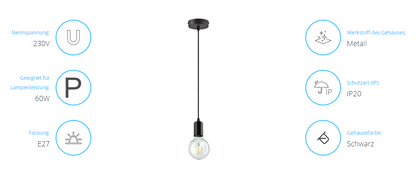 Elegante Pendelleuchte, E27, 60W, Metall, Schwarz, IP20, Deckenmontage, 100mm