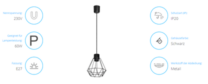 Elegante Pendelleuchte, E27, 60W, Metall, Schwarz, IP20, 790mm, Deckenmontage