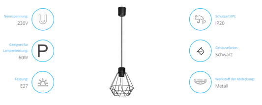 Elegante Pendelleuchte, E27, 60W, Metall, Schwarz, IP20, 790mm, Deckenmontage