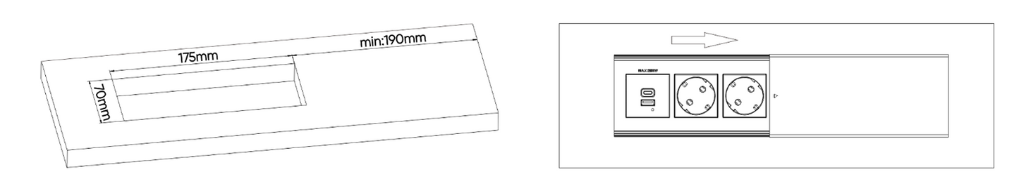 Trano Einbausteckdose mit Schiebedeckel, 2x Schuko 3680W, 2x USB-A+C 5V/4,2A, 1,8m Kabel, Aluminium Silber, 190x86mm