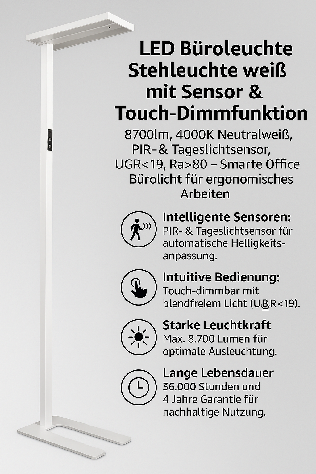 LED-Stehleuchte Büroleuchte mit Touch Display, Neutralweiß, 60Watt, 8700lm, PIR & Tageslicht-Sensor