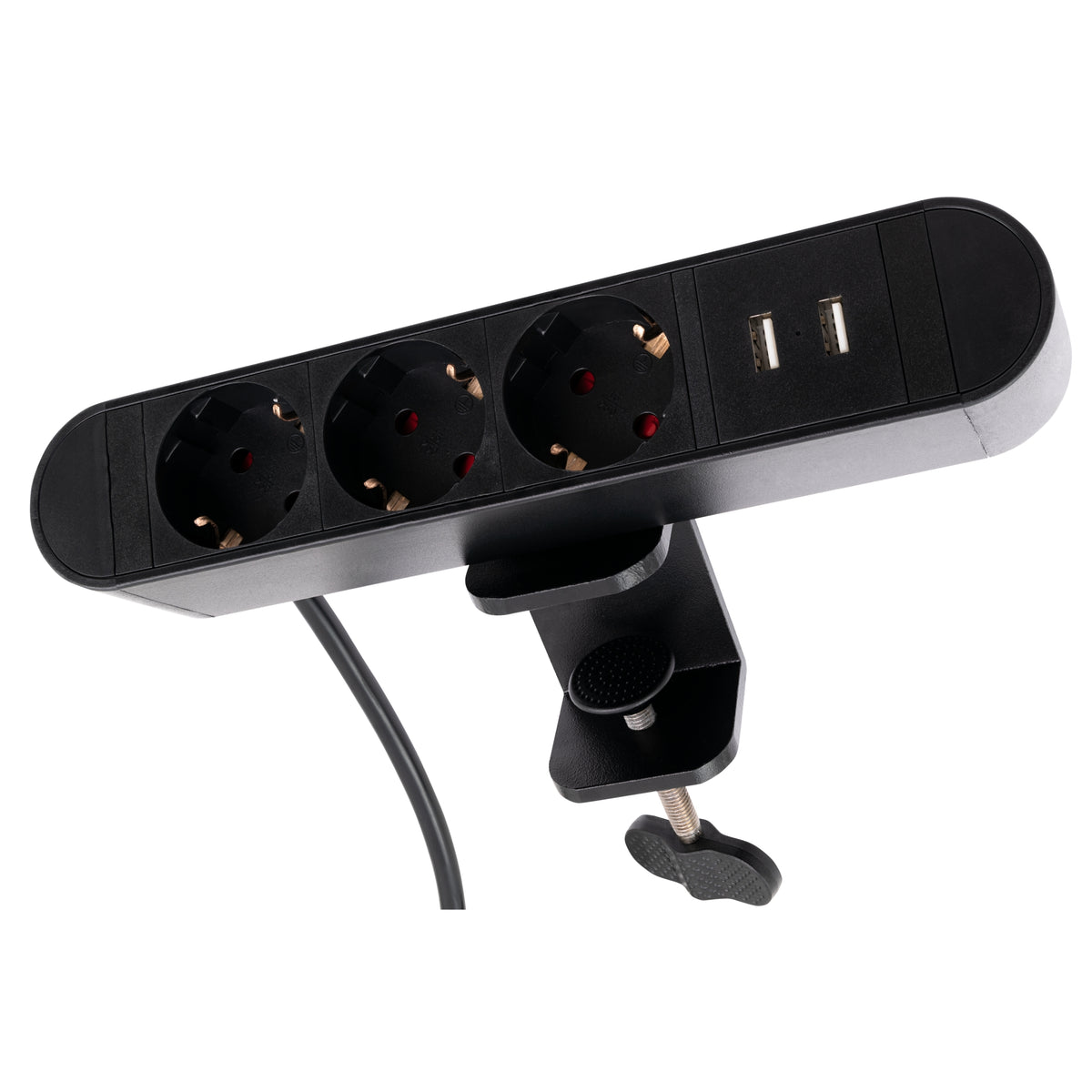 Trano Tischsteckdose mit Klemme, 3-fach Steckdosenleiste, 2x USB-A Ladebuchsen (2,1A), Schreibtisch Mehrfachsteckdose, 2m Kabel, Homeoffice Stromverteiler, max. 3600W, Schwarz