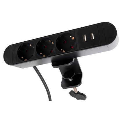 Trano Tischsteckdose mit Klemme, 3-fach Steckdosenleiste, 2x USB-A Ladebuchsen (2,1A), Schreibtisch Mehrfachsteckdose, 2m Kabel, Homeoffice Stromverteiler, max. 3600W, Schwarz