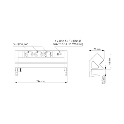 Möbel-Steckdose 3-fach  USB A und C Büro Mehrfachsteckdose Steckdosenleiste 1,8m