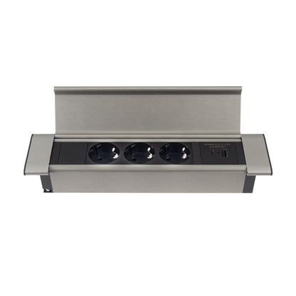 FLAT BOX Möbeleinbausteckdose mit 3 Schuko-Steckdosen und USB-Anschlüssen (Typ A & C)