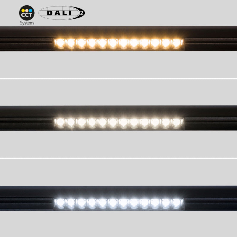 Trano 48V Magnet Schienensystem LED CCT Leuchte 12W/20W DALI‑2 dimmbar UGR18 – 2700‑6000K, 24° Spot, Aluminium, CE/ROHS