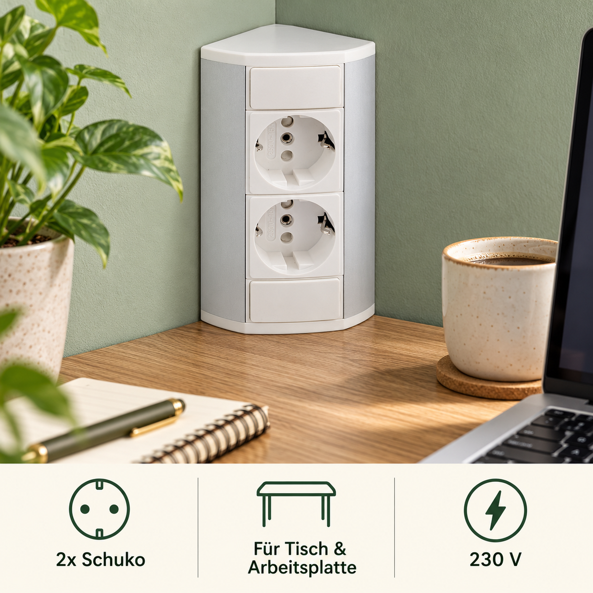 Möbel-Steckdose weiß Aluminium Schalter Tischsteckdose Küchensteckdose Steckdosenleiste Ecke, Variante: 2x Schuko – Lifestyle 2