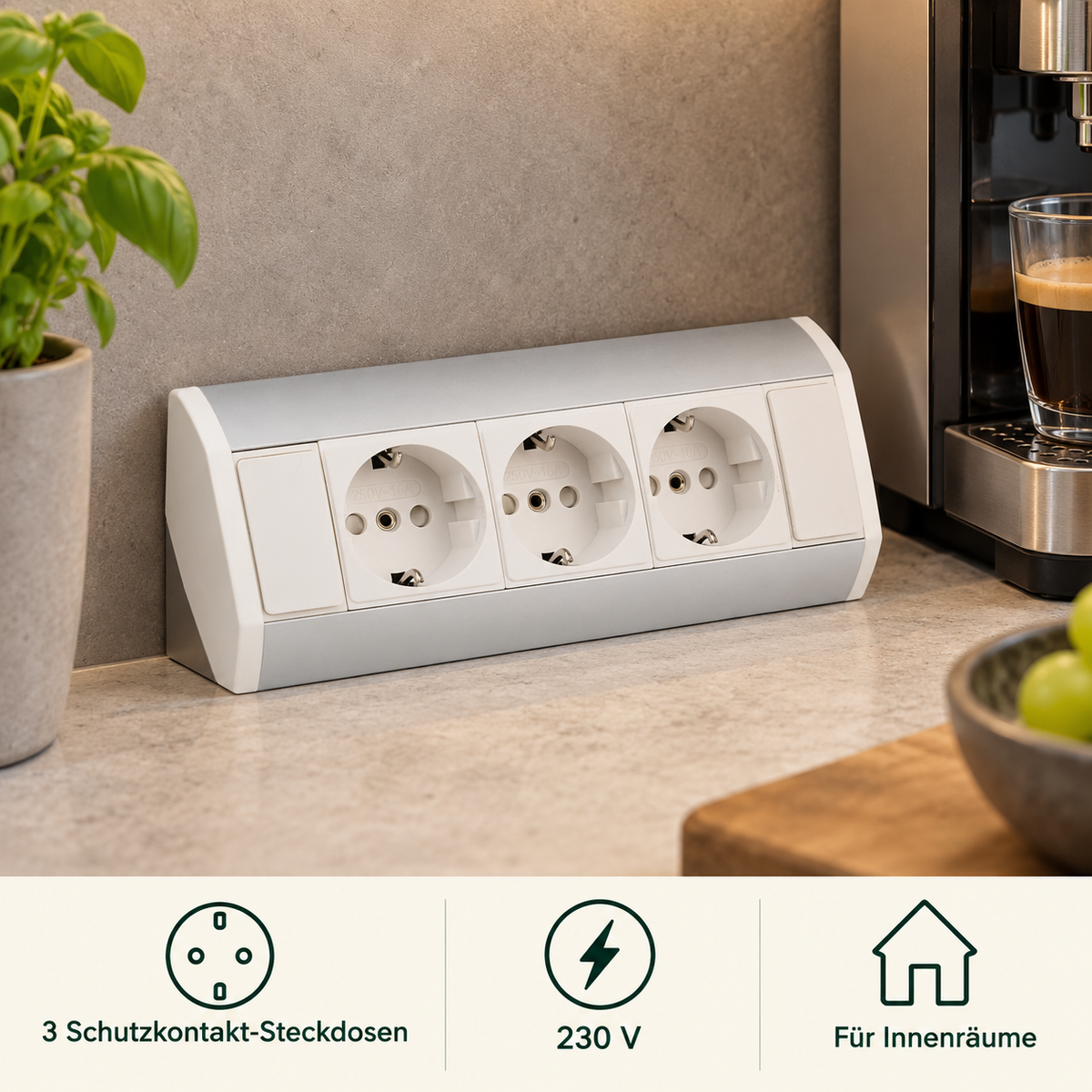 Möbel-Steckdose weiß Aluminium Schalter Tischsteckdose Küchensteckdose Steckdosenleiste Ecke, Variante: 3x Schuko – Lifestyle 1