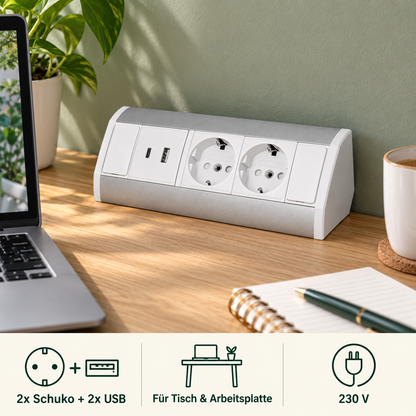 Möbel-Steckdose weiß Aluminium Schalter Tischsteckdose Küchensteckdose Steckdosenleiste Ecke, Variante: 2x Schuko + 2x USB – Lifestyle 2
