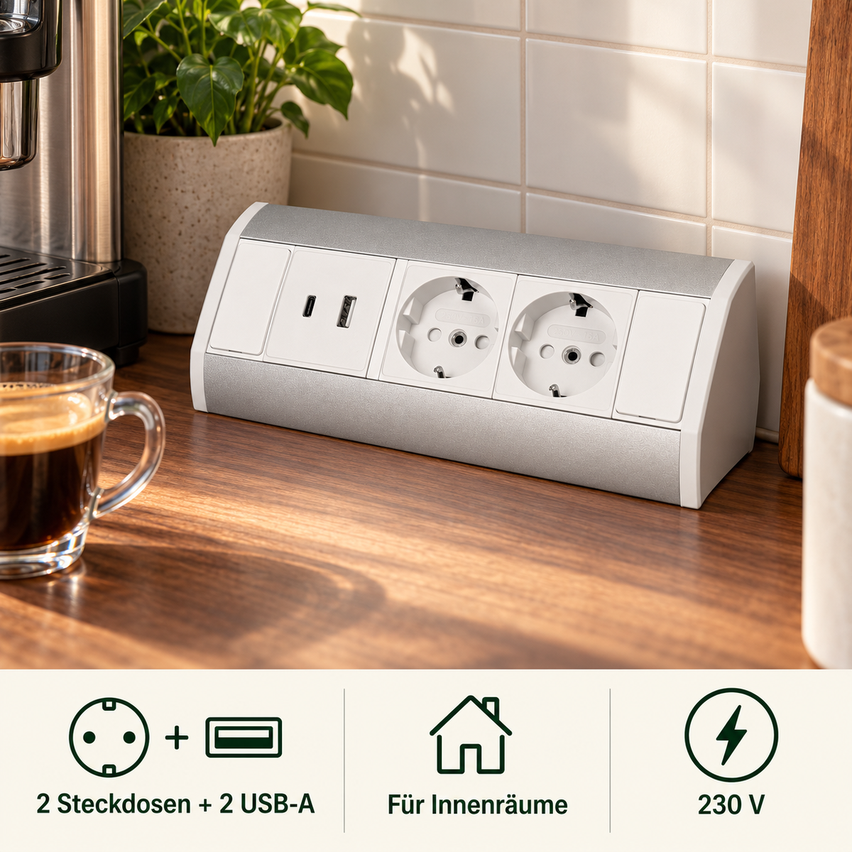 Möbel-Steckdose weiß Aluminium Schalter Tischsteckdose Küchensteckdose Steckdosenleiste Ecke, Variante: 2x Schuko + 2x USB – Lifestyle 3