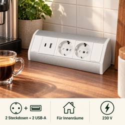 Möbel-Steckdose weiß Aluminium Schalter Tischsteckdose Küchensteckdose Steckdosenleiste Ecke, Variante: 2x Schuko + Lichtschalter – Lifestyleansicht 2
