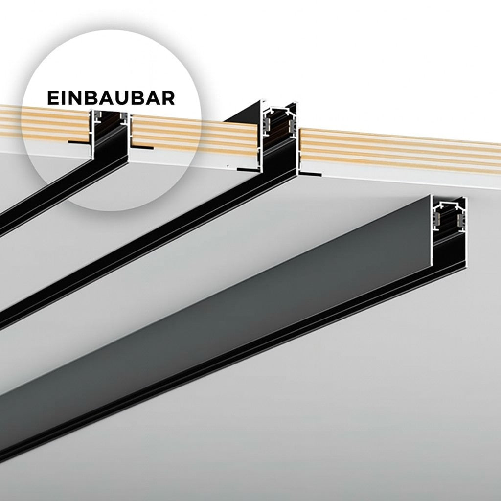 Trano Einbau‑Magnetschiene 20 mm Schwarz – 48V Magnet‑Stromschiene aus Aluminium, IP20, 1 m & 2 m, inkl. Abdeckung & Endkappen, CE/ROHS