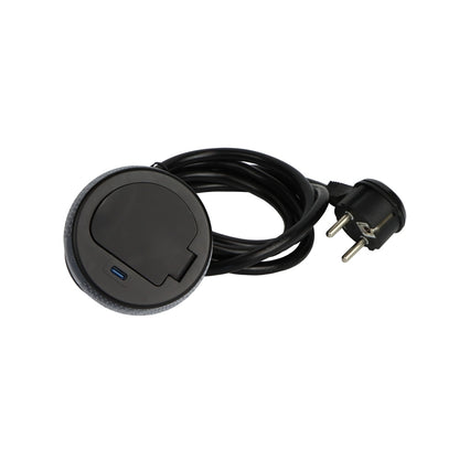 Einbausteckdose mit USB-C, schwarz, 230V AC, 3600W, IP20, Ø72mm, 1,8m Kabel